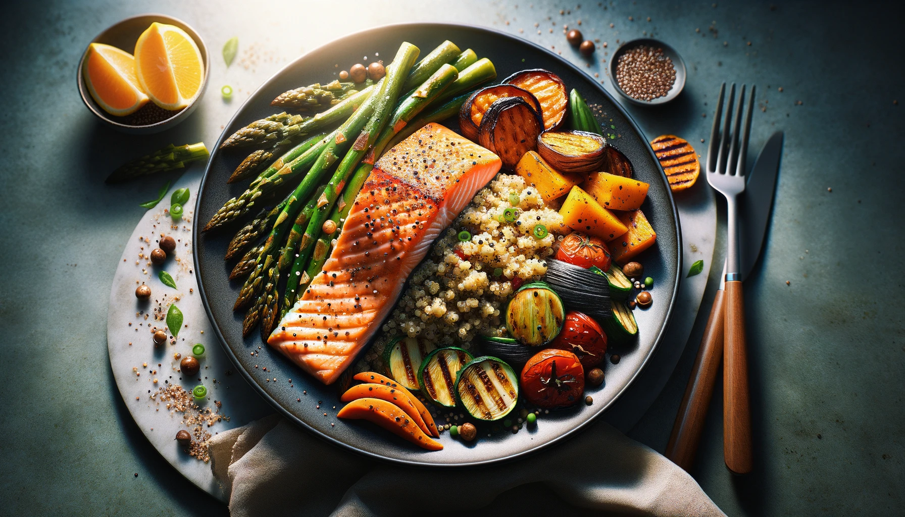 a baked salmon with roasted sweet potatoes and asparagus
