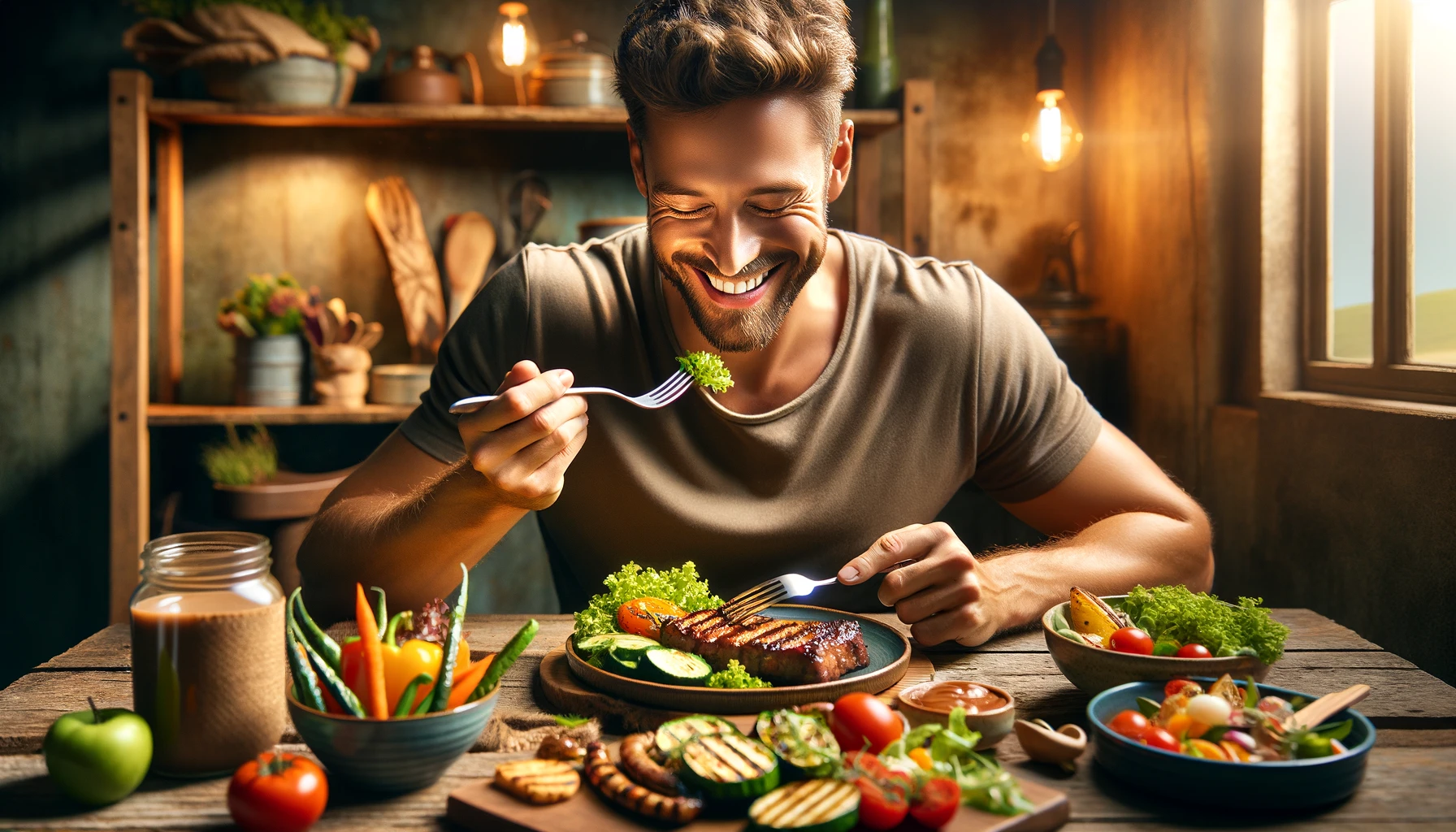 a guy fully enjoying delicious healthy food