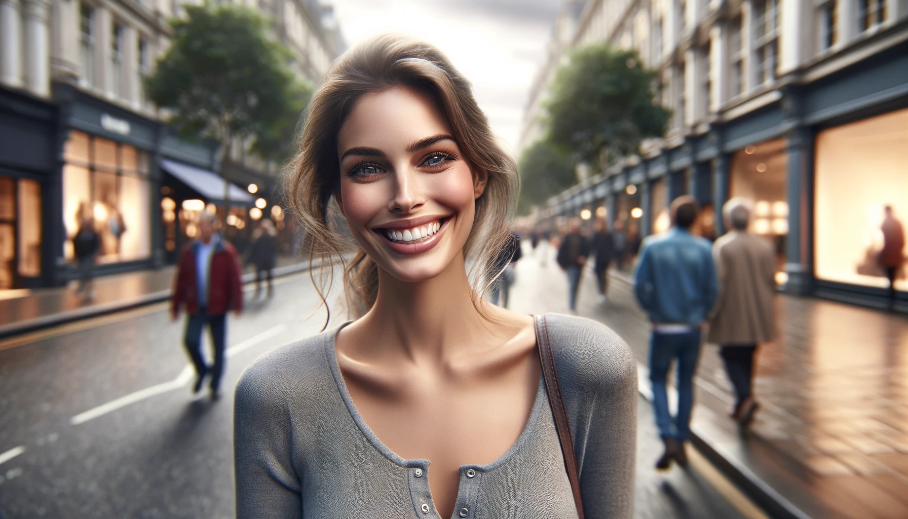 a beautiful smiling woman walking on a bustling street, capturing a moment of joy and contentment