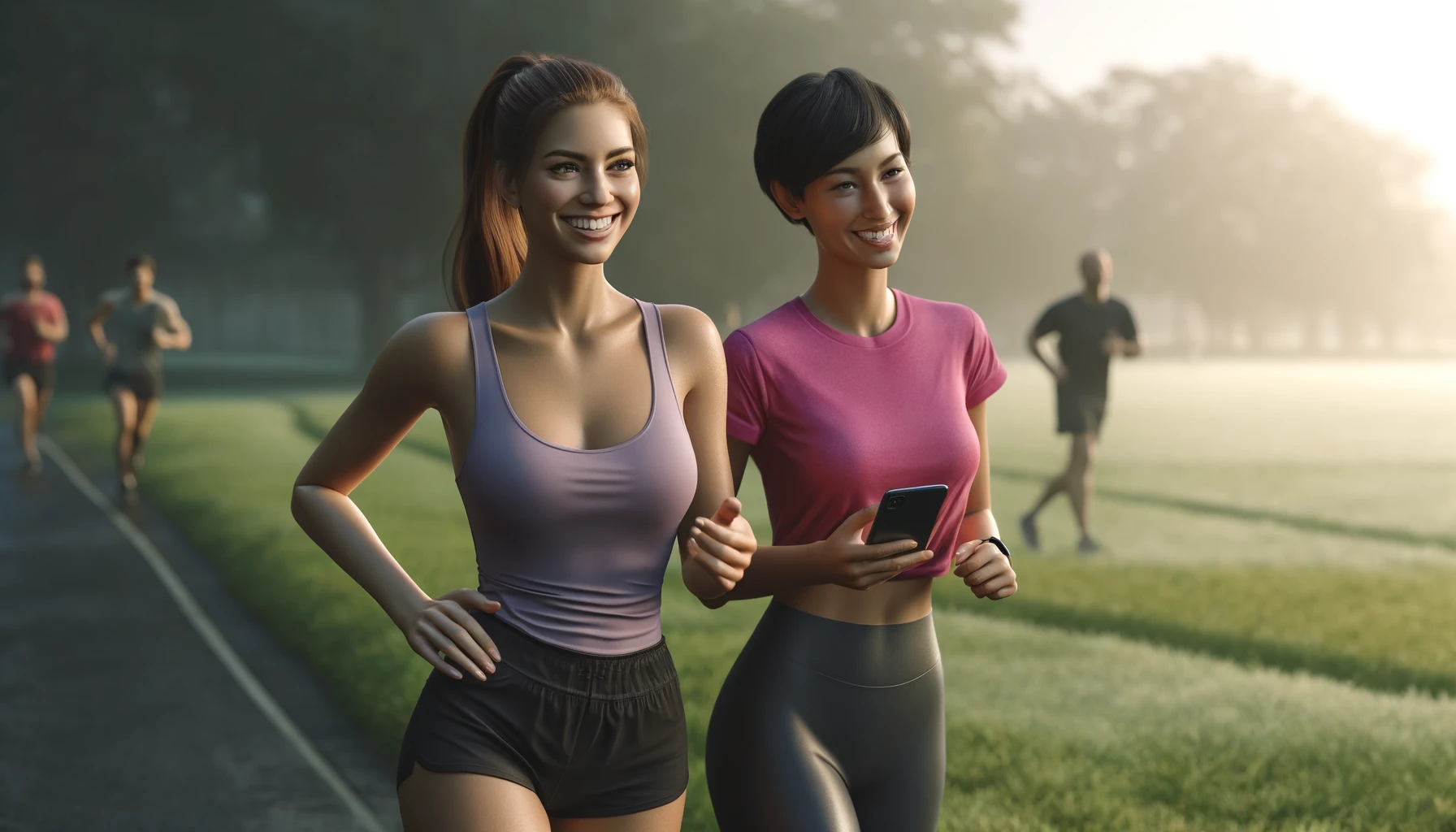  two women jogging early in the morning in a park. They are both smiling broadly and holding smartphones. One woman is Caucasian with long brown hair tied in a ponytail, wearing a light purple tank top and black shorts. The other woman is South Asian with short black hair, wearing a bright pink t-shirt and charcoal gray leggings.