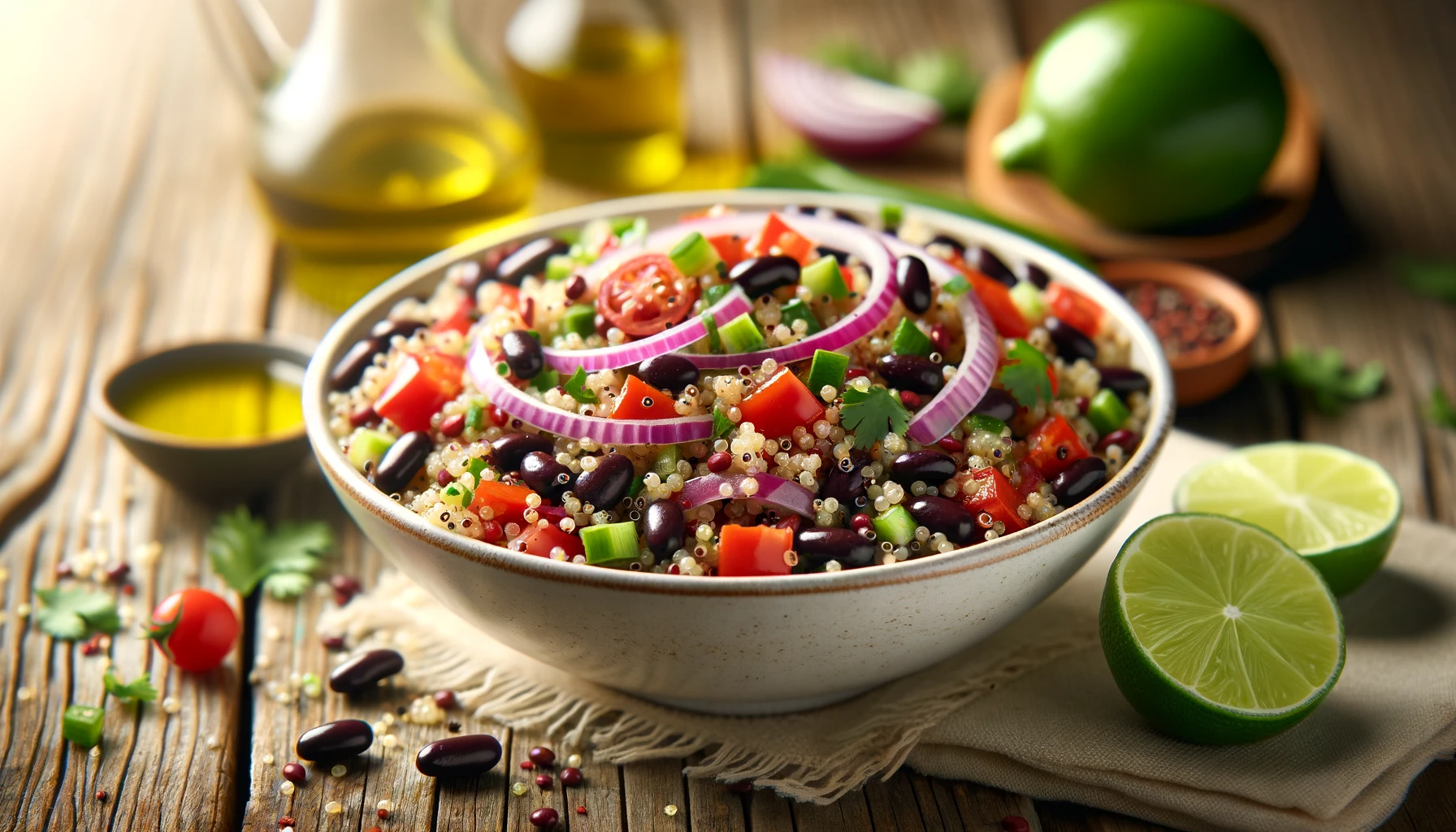 a quinoa and black bean salad, displayed attractively in a white ceramic bowl. 