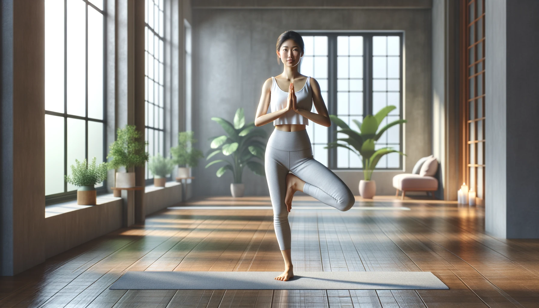 a woman practicing yoga in the Tree Pose (Vrksasana), balanced on one leg with her other foot pressed against her thigh, hands in prayer position. 