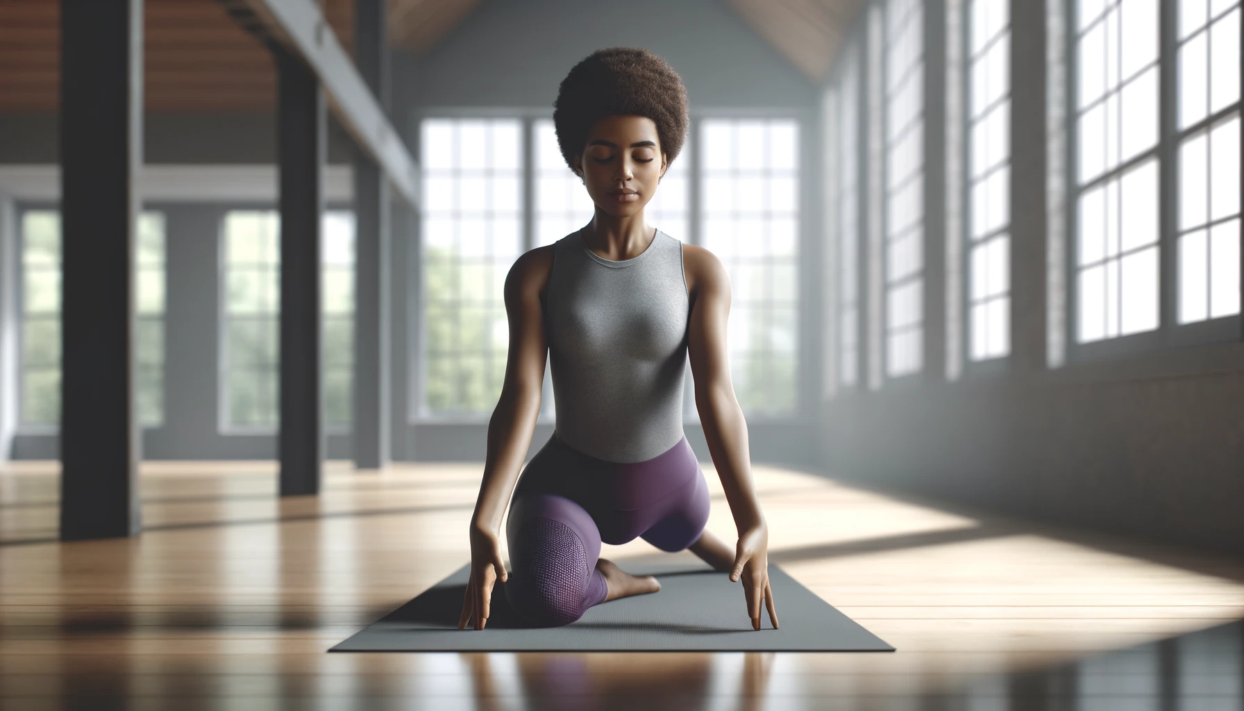 a woman practicing yoga in an indoor setting, performing the Child's Pose (Balasana). She is an African American woman with short curly hair, wearing purple yoga pants and a grey tank top.