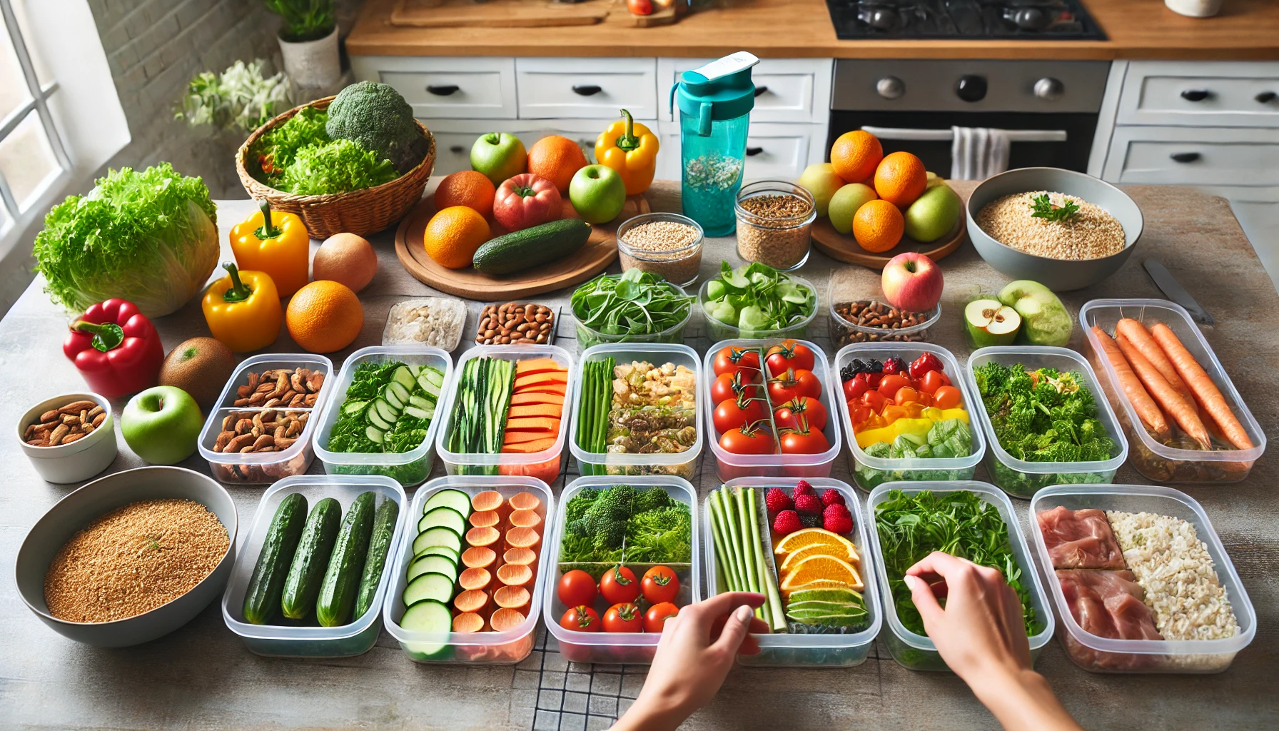 A close-up of a healthy, colorful meal prep setup in a modern kitchen. The scene includes various containers filled with balanced portions of vegetables, lean proteins, and whole grains.