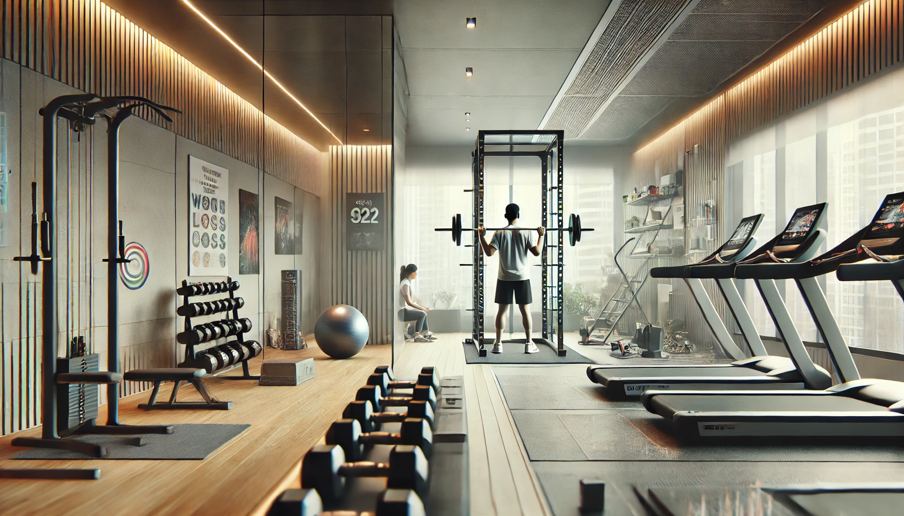 a home gym or workout area with a person engaged in exercise. The gym has modern fitness equipment such as dumbbells, a yoga mat, and a treadmill.
