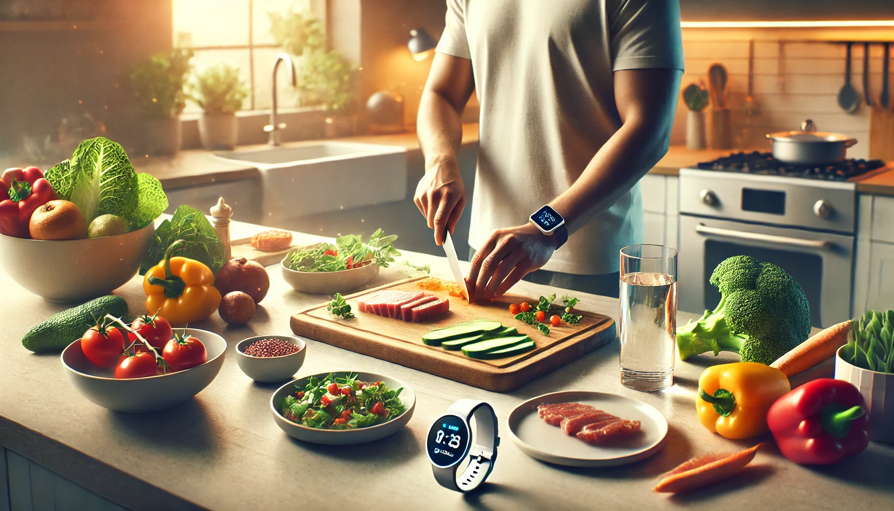 a balanced and healthy lifestyle scene. The scene includes a person engaging in meal preparation with fresh vegetables and lean proteins on a cutting board in a modern kitchen.