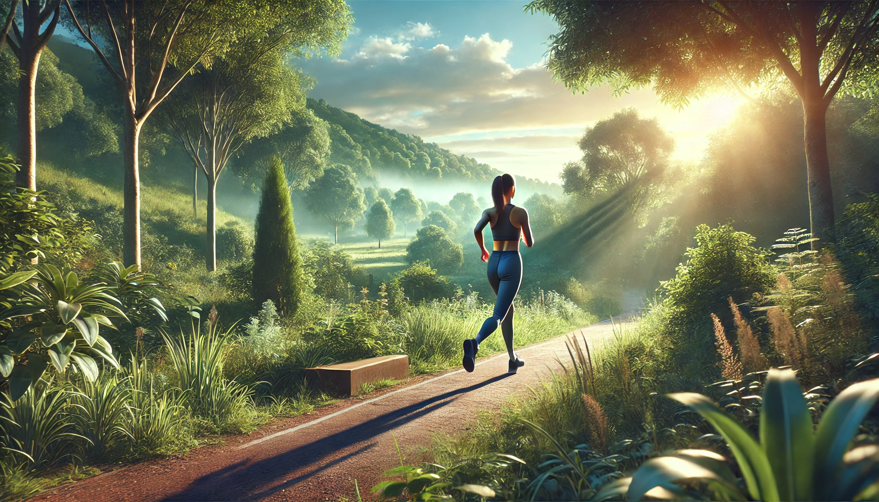 person engaged in a healthy activity. The scene shows an individual jogging or brisk walking on a scenic outdoor trail surrounded by nature, with lush greenery and a bright sky.