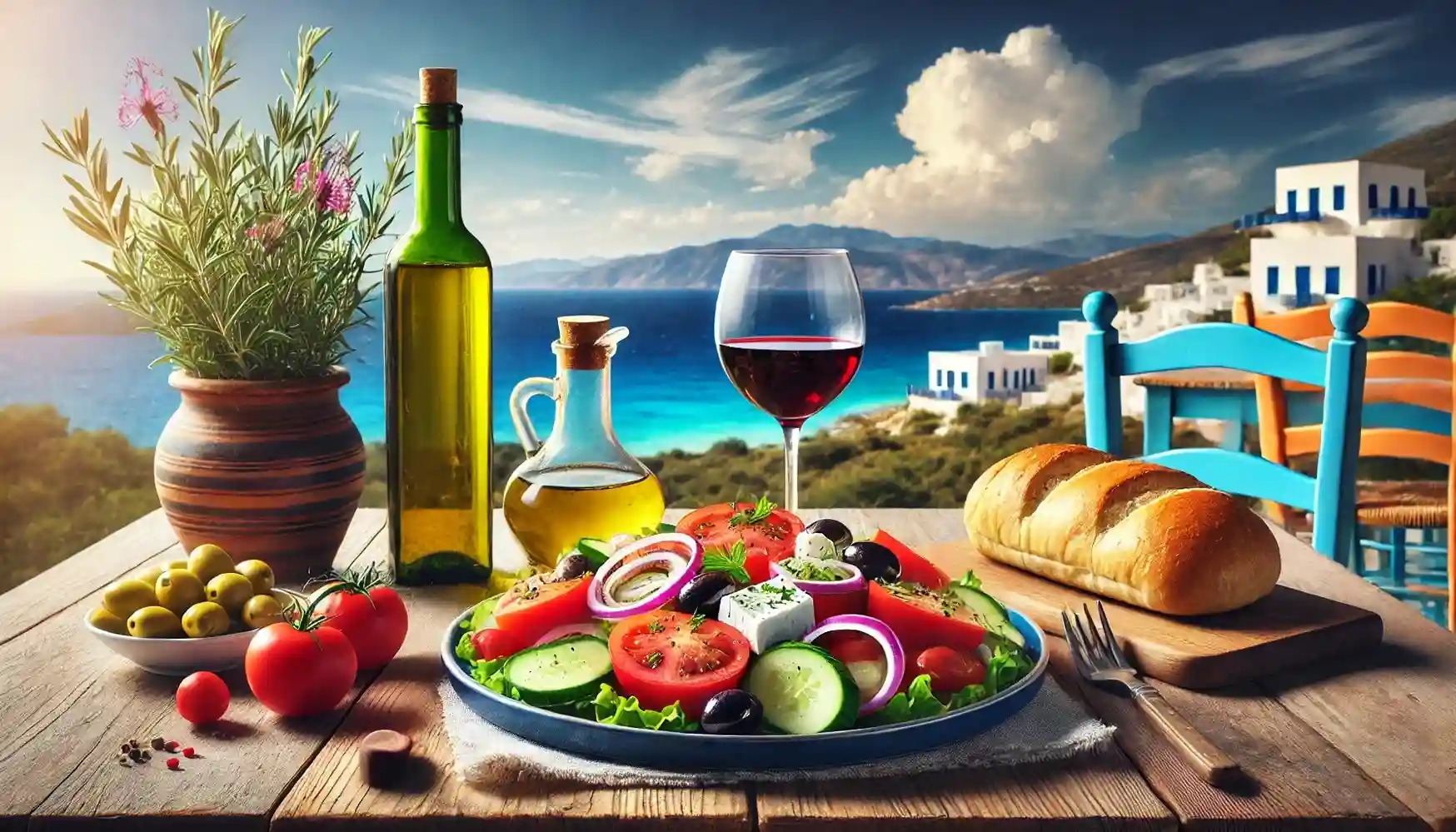A plate of Greek salad with fresh tomatoes, cucumbers, onions, olives, and feta cheese, accompanied by a bottle of olive oil, a loaf of rustic bread, and a glass of red wine.