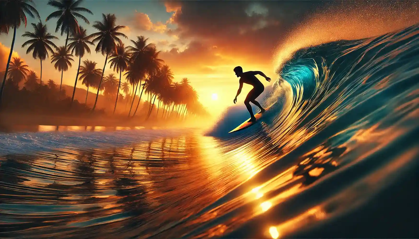  A surfer riding a wave at a beach during sunset. 