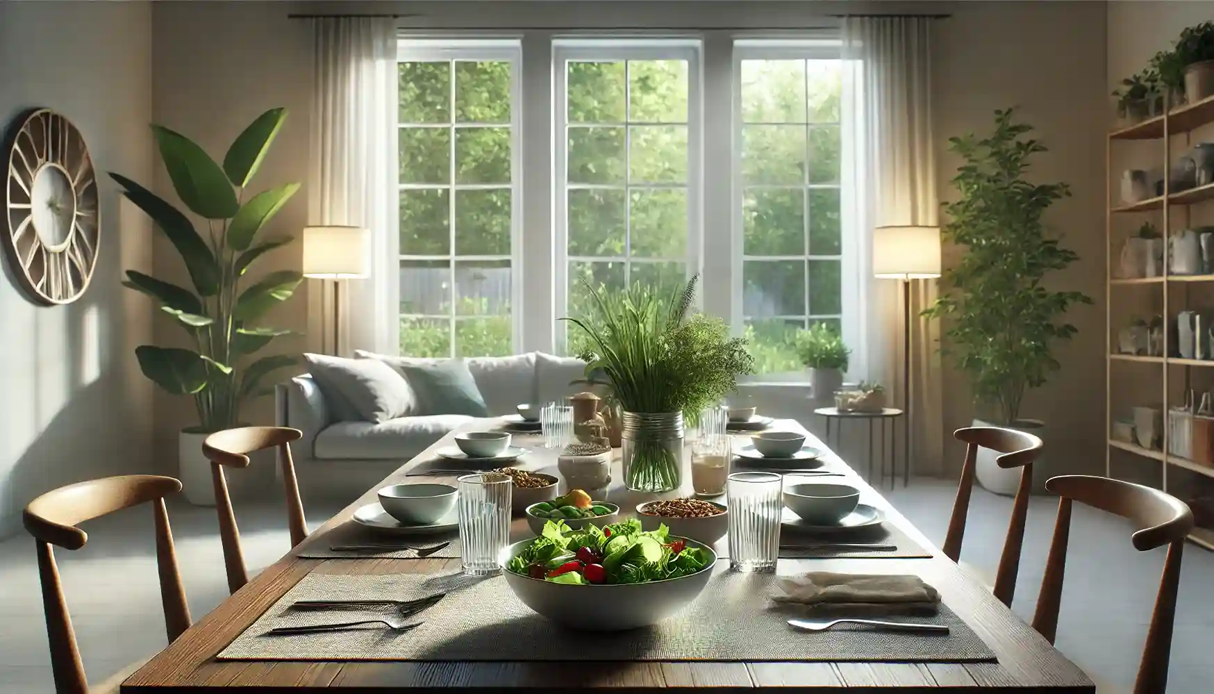 A peaceful dining setting designed to encourage mindful eating, featuring a well-set table with healthy food options in a calm environment.