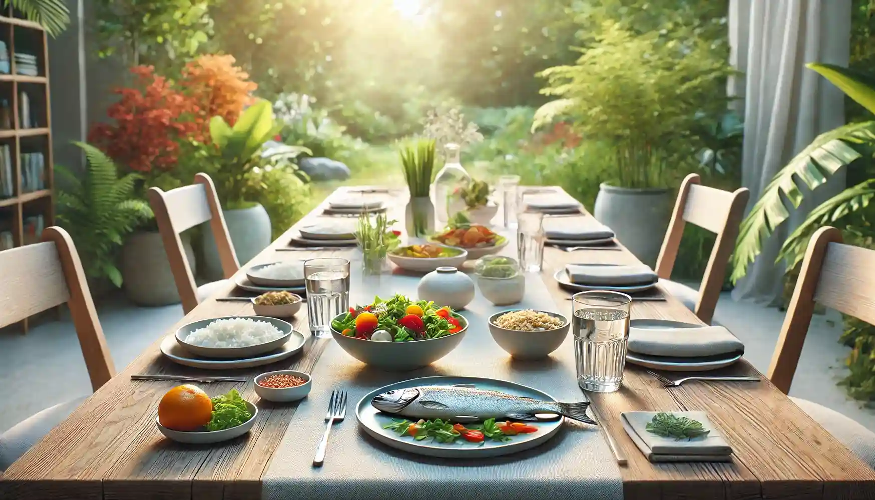 A tranquil dining setting focusing on mindful eating, with a table set with healthy foods in a serene environment, illustrating the benefits of mindful eating for sustainable weight management.