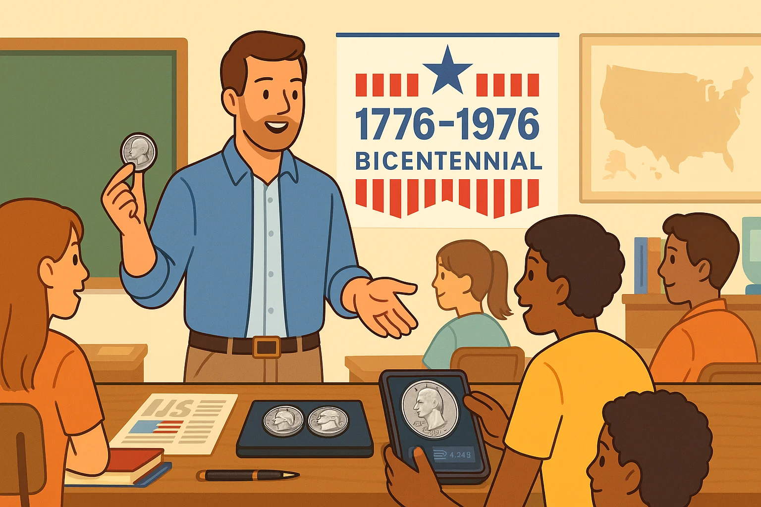 A teacher shows a bicentennial half dollar to children in a class.