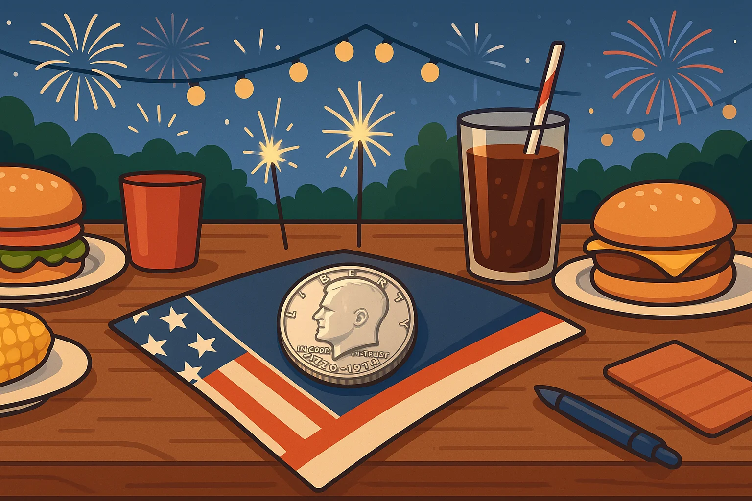 A 4th of July picnic with a bicentennial Kennedy half dollar lying on the napkin.