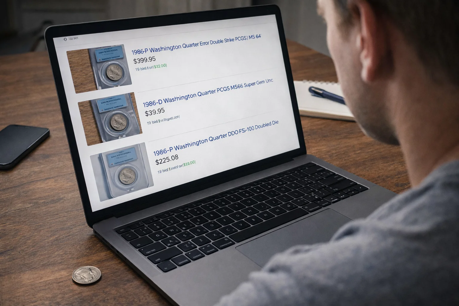 A person is checking the worth of a 1986 coin.